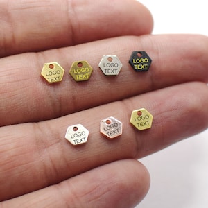 Custom Jewelry Logo Charms -Personalized Logo Charms -Jewelry Tag Charms - 0.8 x 6 mm Mini Hexagon Laser Engraved - Jewelry Label Findings