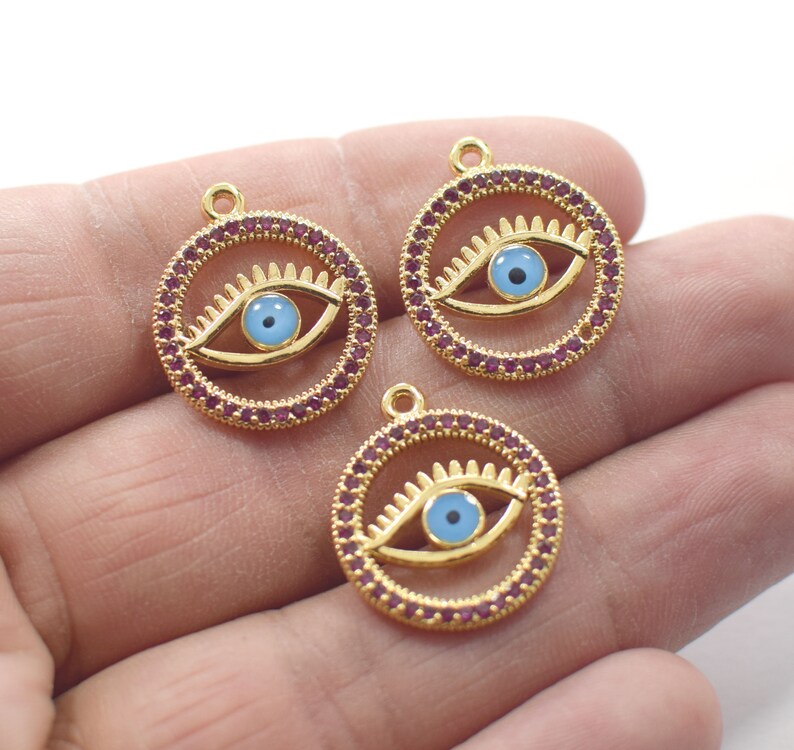 1 Hole 1 Pcs 24K Shiny Gold Plated Crystal Stone Round Enamel Eye Evil Eye Pendant Charms NF0386H 18 x 21 mm