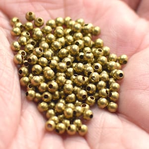3 mm ,  Raw Brass Round  Ball Beads - Hole 1.2 mm