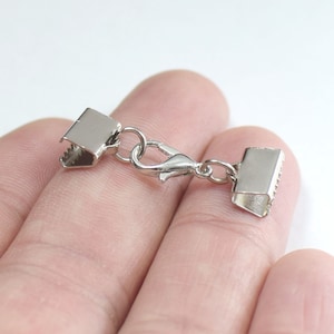 Silver Tone 9.5 mm Ribbon Crimps End Finished Connectors , Crimp End with Lobster