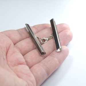 Silver Tone  50 mm Ribbon Crimps End Finished Connectors , Crimp End with Lobster