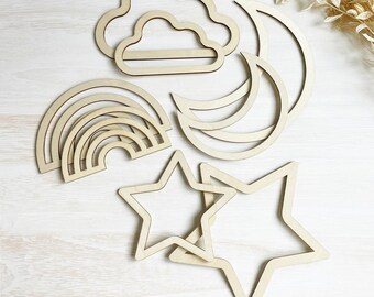 Set of different wooden shapes for macrame, for dream catcher, tree of life and lampshade - Moon, cloud, star and rainbow - 8pcs