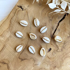 May include: Ten white cowrie shell charms with gold accents. Each shell has a gold loop for attaching to jewelry or other crafts.