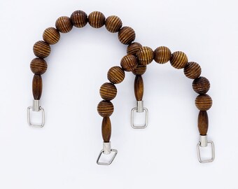 Lot de 2 anses en bois marrons avec perles et anneau métal - Création de sacs, sacs à main et cabas DIY macramé, tricot, crochet