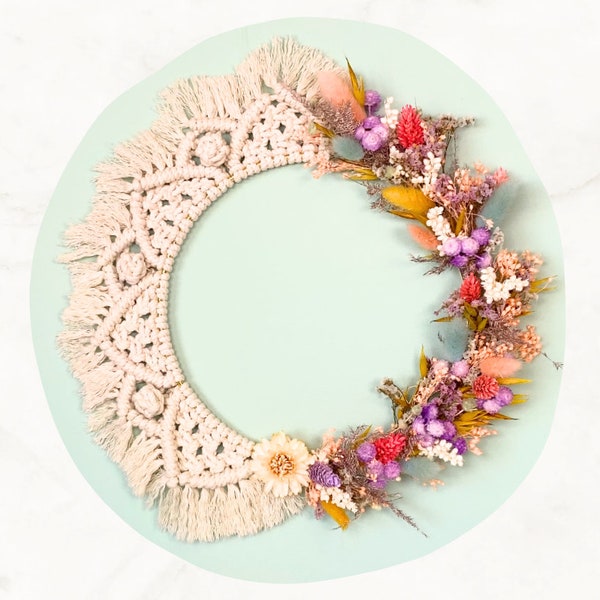 KIT macramé et fleurs séchées "Bora Bora" - Couronne de fleurs séchées et macramé, tutoriel vidéo débutant, décoration bohème, idée cadeau