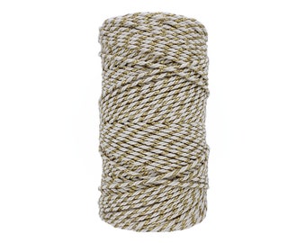 3mm Macrame Cotton Rope Twisted and Combed with gold lurex metallic thread, Recycled 130m spool of Single and Double Twist cotton