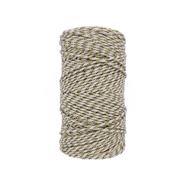 3mm Corde Coton Macramé Torsadé et Peigné avec fil métallique lurex doré, Recyclé 130m bobine de coton Single et Double Twist