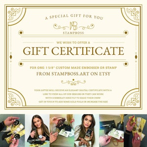Certificado de regalo para un sello o estampador de autotinta de 1 5/8". Hecho a medida a partir del diseño y la redacción que elija el obsequio. ¡Personalizado por ellos!