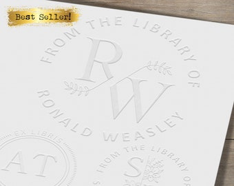 Bibliotheekboek Embosser Op maat gemaakt met uw gegevens en ontwerpkeuze. Ex Libris Familiebibliotheek Boek Lover Gift Flower Garland Script