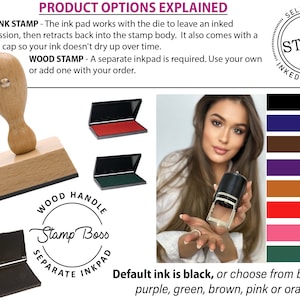 May include: A close-up of a wooden handle stamp with a black ink pad. The image shows different ink pad options, including black, blue, red, purple, green, brown, pink, and orange. The text "Self Ink Stamp" and "Wood Stamp" is visible in the image.
