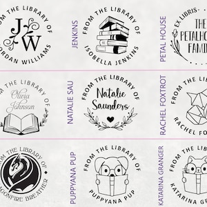 May include: Nine round black and white library stamps with different designs. The stamps feature a dragon, a cat, a dog, a book, a fox, a heart, and initials. The text on the stamps includes the words "From the Library of" and the name of the owner.