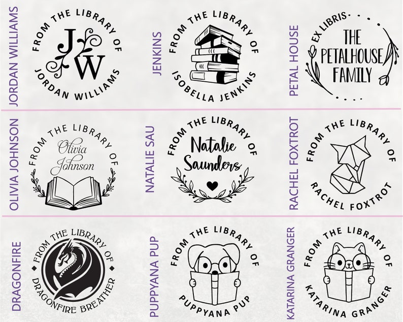 May include: Nine round black and white library stamps with different designs. The stamps feature a dragon, a cat, a dog, a book, a fox, a heart, and initials. The text on the stamps includes the words "From the Library of" and the name of the owner.