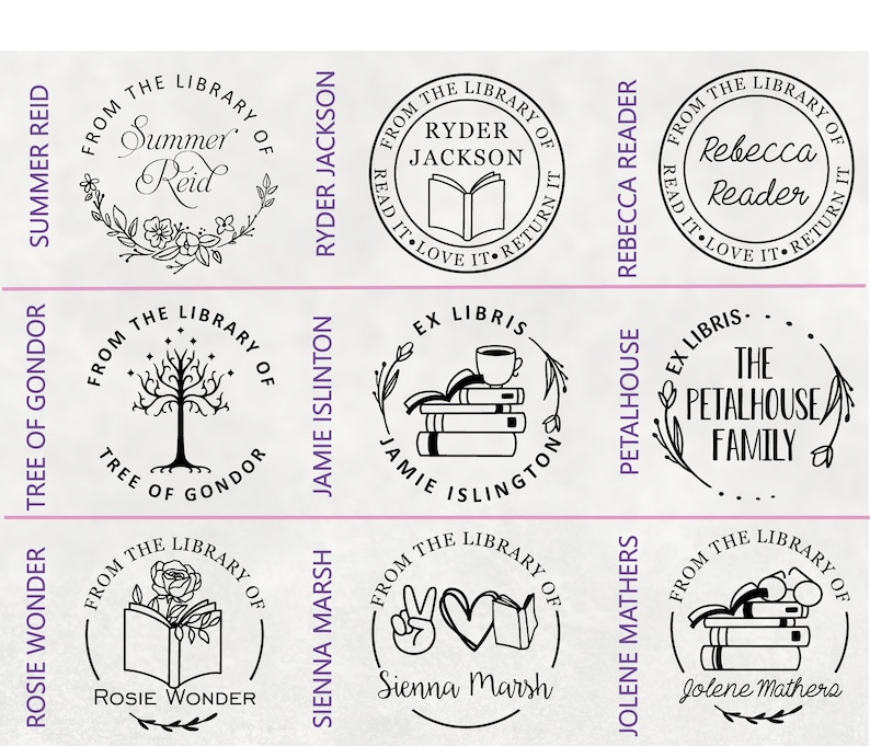 Puede incluir: Nueve dise&ntilde;os de ex libris diferentes con varias ilustraciones y texto. Los dise&ntilde;os incluyen un &aacute;rbol, un libro, una flor, un signo de paz, un coraz&oacute;n, una taza de caf&eacute; y una pila de libros. El texto incluye los nombres "Summer Reid", "Ryder Jackson", "Rebecca Reader", "Tree of Gondor", "Jamie Islington", "Rosie Wonder", "Sienna Marsh", "Petalhouse Family" y "Jolene Mathers".