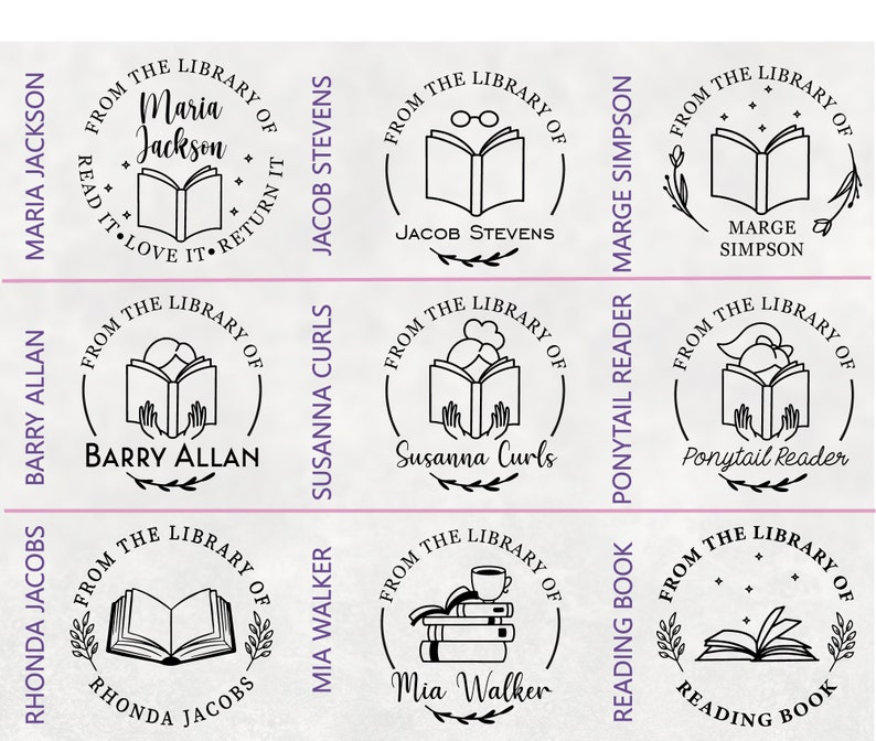Puede incluir: Nueve sellos de goma con tem&aacute;tica de libros con diferentes nombres y dise&ntilde;os. Cada sello presenta un libro, un elemento de dise&ntilde;o &uacute;nico y el texto "From the Library of" seguido del nombre.