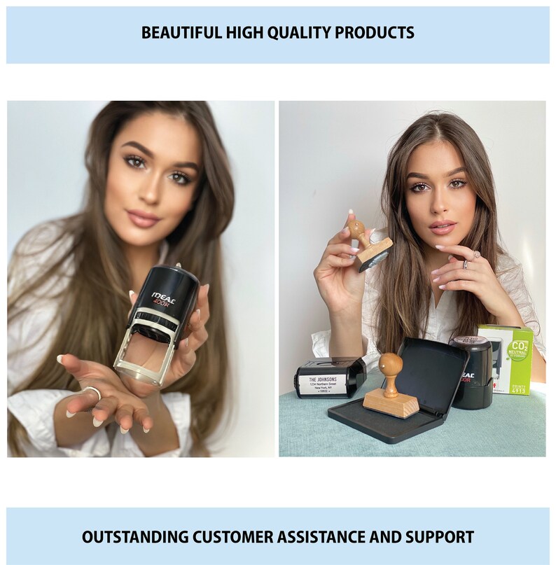 May include: Two women are holding self-inking stamps. The stamps are black and have a clear plastic top. The stamps are labeled "IDEAL" and "THE DREAMING" in white text. The stamps are on a white background.