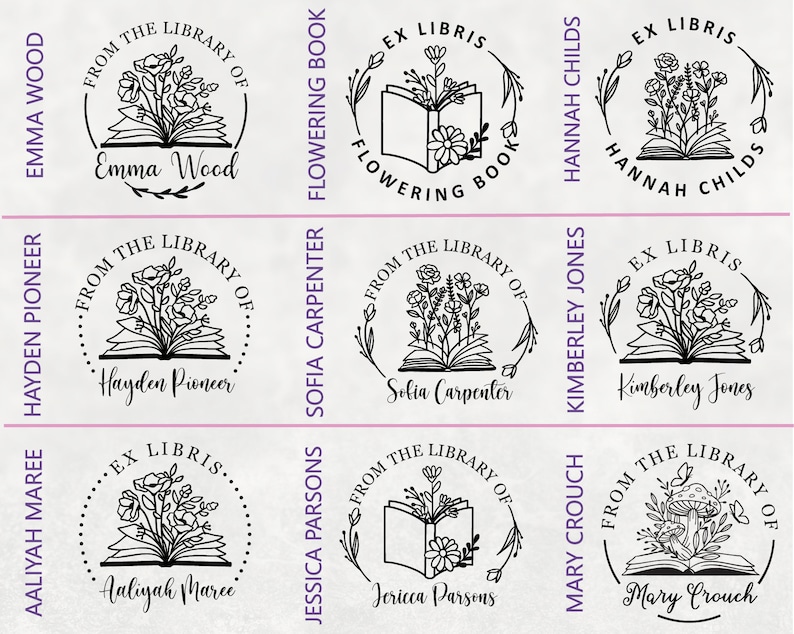 Puede incluir: Nueve sellos de goma diferentes con tem&aacute;tica de libros con dise&ntilde;os florales. Cada sello presenta un nombre diferente y el texto "From the Library of" o "Ex Libris".