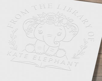 Custom Book Embosser Personalized with Elephant, Cat, Fox, Owl or Puppy reading a book From the Library of or This Book Belongs to ex libris