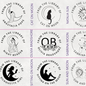 Grabador de libros personalizado Chica gato leyendo en la luna de la biblioteca de, El libro pertenece a, Ex Libris, gran regalo para amantes de los libros