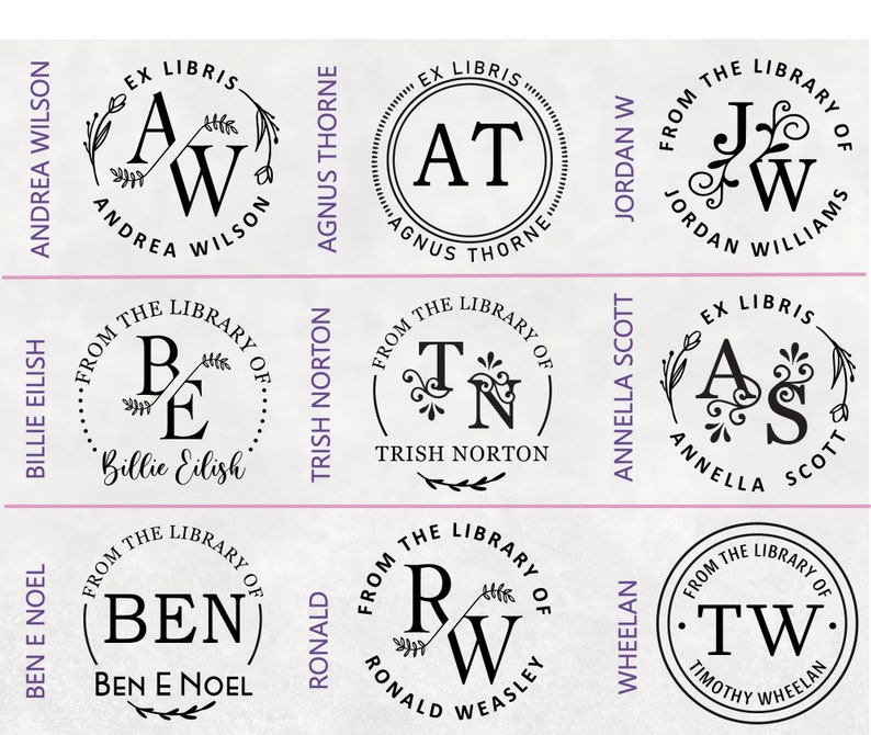 Puede incluir: Nueve sellos circulares en blanco y negro con adornos decorativos e iniciales. Cada sello incluye un nombre y el texto "From the Library of" o "Ex Libris".