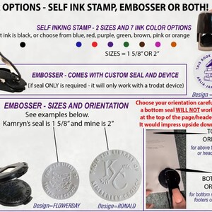Puede incluir: Una comparaci&oacute;n de dos tipos diferentes de sellos personalizados para libros: un sello autoentintado y un estampado en relieve. El sello autoentintado es negro con una selecci&oacute;n de siete colores de tinta. El estampado en relieve viene con un sello y un dispositivo personalizados. El estampado en relieve est&aacute; disponible en dos tama&ntilde;os: 1 5/8 pulgadas y 2 pulgadas. La imagen muestra ejemplos del estampado en relieve con diferentes dise&ntilde;os.