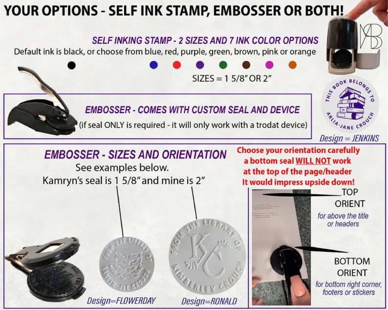 Puede incluir: Una comparaci&oacute;n de dos tipos diferentes de sellos personalizados para libros: un sello autoentintado y un estampado en relieve. El sello autoentintado es negro con una selecci&oacute;n de siete colores de tinta. El estampado en relieve viene con un sello y un dispositivo personalizados. El estampado en relieve est&aacute; disponible en dos tama&ntilde;os: 1 5/8 pulgadas y 2 pulgadas. La imagen muestra ejemplos del estampado en relieve con diferentes dise&ntilde;os.