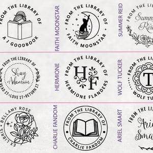 May include: Nine black and white circular rubber stamps with text that reads "From the Library of" and a unique design for each stamp. The designs include a book, a cat, a rose, a book, a monogram, a mandala, a book, and a rose.