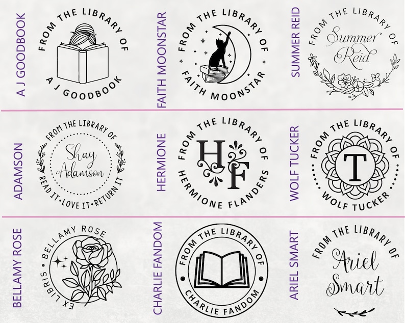 May include: Nine black and white circular rubber stamps with text that reads "From the Library of" and a unique design for each stamp. The designs include a book, a cat, a rose, a book, a monogram, a mandala, a book, and a rose.