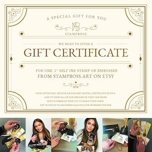 May include: Gift certificate for a 2-inch self-inking stamp or embosser from Stampboss.art on Etsy. The certificate includes a link to view all designs and work directly with the artist to customize the stamp.