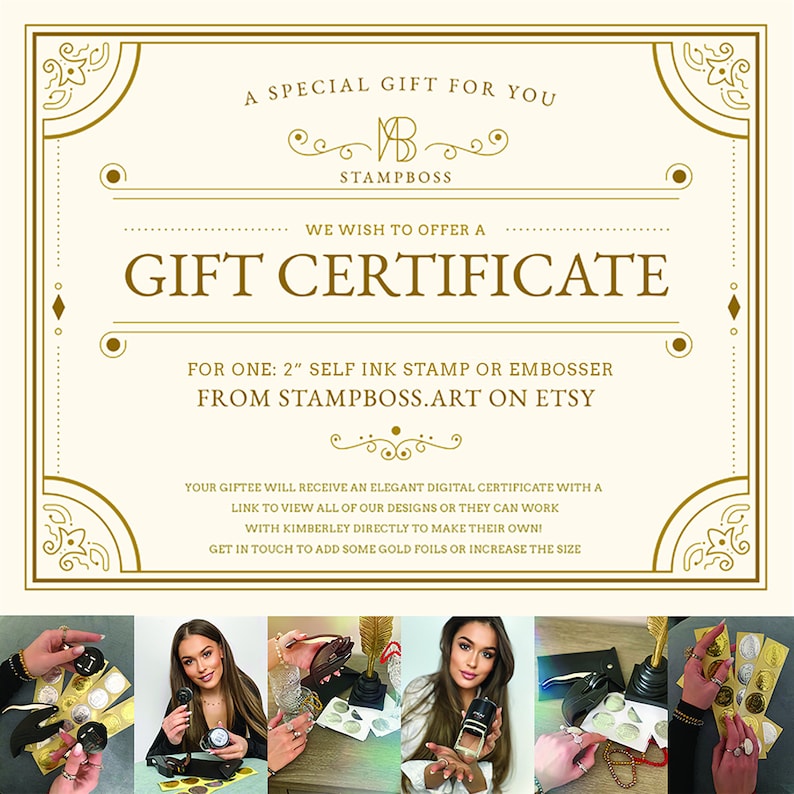 Gift Certificate for a 2 Self ink Stamp or Embosser. Custom made from your giftee's choice of design and wording. Personalized by them image 1