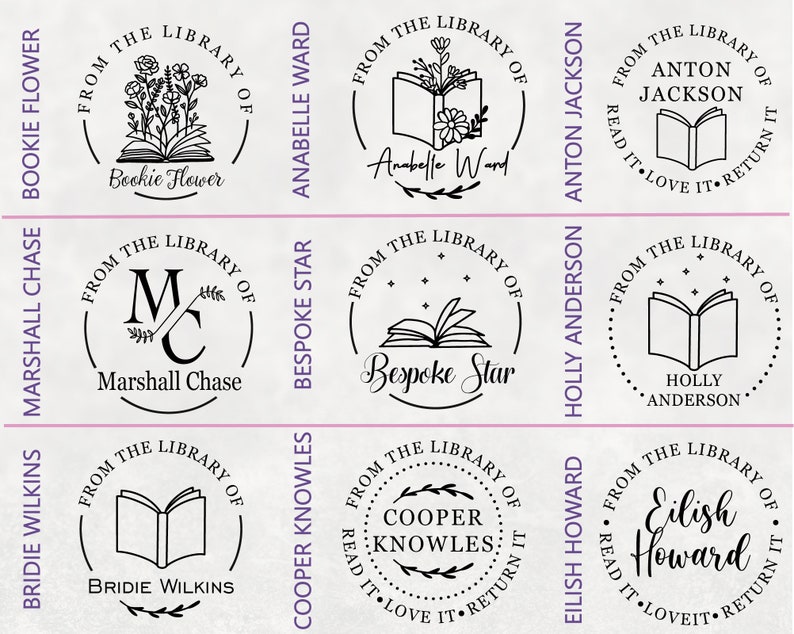 Puede incluir: Nueve sellos de biblioteca redondos, en blanco y negro, personalizados con diferentes nombres y dise&ntilde;os. Cada sello presenta un libro, flores o iniciales. El texto en los sellos dice "From the Library of" seguido del nombre.