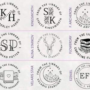 May include: Nine round black and white stamps with decorative borders and text. Each stamp features a different design, including initials, a deer, a mountain range, and books. The text on the stamps includes names and the phrase "From the Library of".