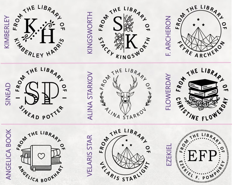 May include: Nine round black and white stamps with decorative borders and text. Each stamp features a different design, including initials, a deer, a mountain range, and books. The text on the stamps includes names and the phrase "From the Library of".