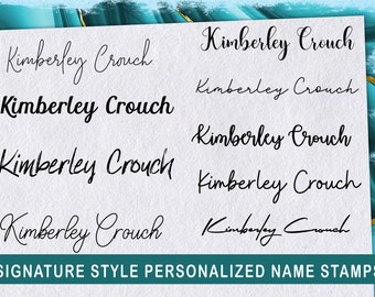 May include: A digital image showing six examples of the name "Kimberley Crouch" written in a cursive script font. The text is on a white background with a light gray texture. The text at the bottom of the image reads "SIGNATURE STYLE PERSONALIZED NAME STAMPS".