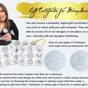 Gift Certificate for a 2 Self ink Stamp or Embosser. Custom made from your giftee's choice of design and wording. Personalized by them image 3