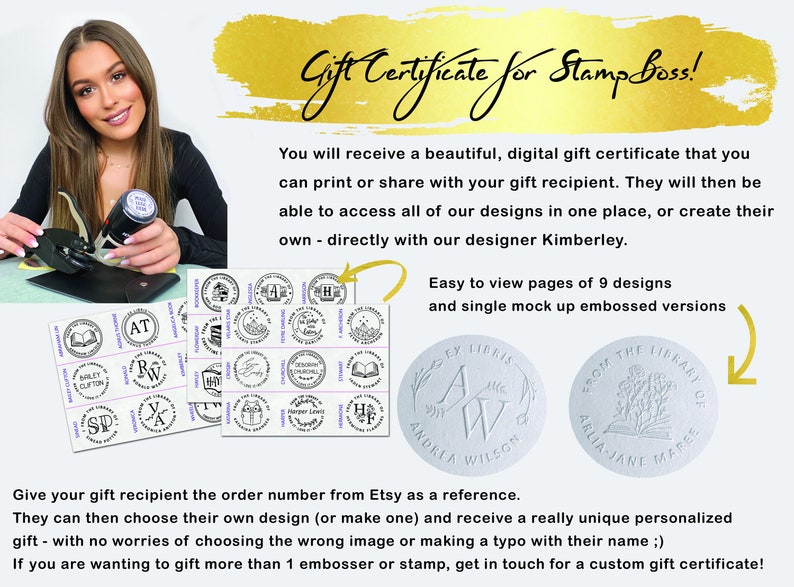 Gift Certificate for a 2 Self ink Stamp or Embosser. Custom made from your giftee's choice of design and wording. Personalized by them image 3