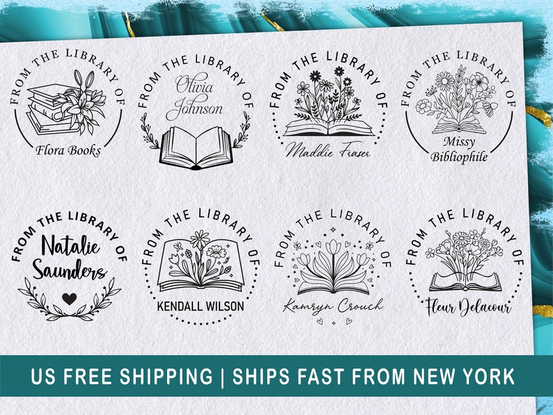 May include: Eight round black and white rubber stamps with the text "From the Library of" and a personalized name or phrase. The stamps feature a book with flowers or other designs.