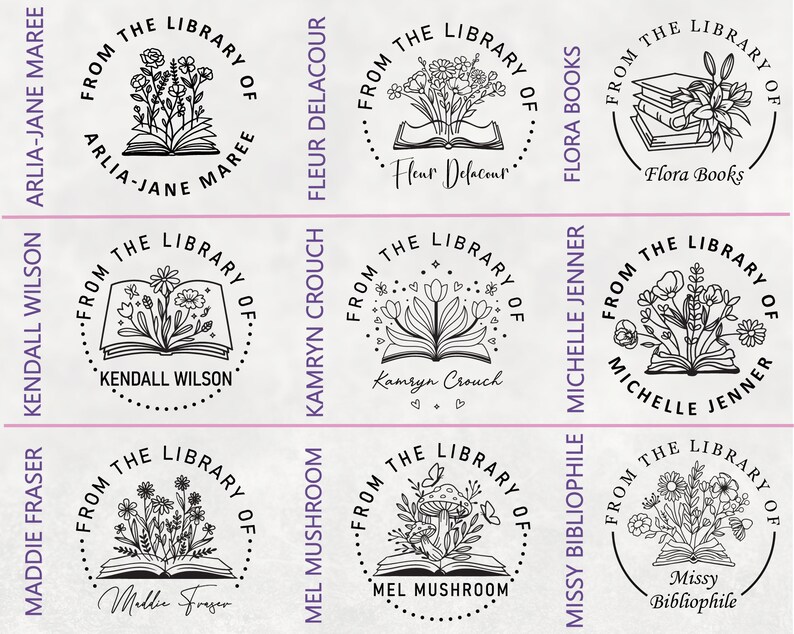 Puede incluir: Nueve ilustraciones en blanco y negro de sellos con tem&aacute;tica de libros. Cada sello presenta un libro abierto con varios dise&ntilde;os florales e inspirados en la naturaleza. El texto en cada sello dice "From the Library of" seguido del nombre de la persona o empresa. Los nombres incluyen: Arlia-Jane Maree, Kendall Wilson, Maddie Fraser, Mel Mushroom, Kamryn Crouch, Fleur Delacour, Flora Books, Michelle Jenner y Missy Bibliophile.