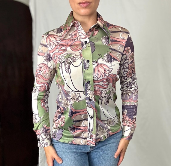 S Vintage 70s Disco Shirt Art Nouveau Print Women’s | Funky Psychedelic
