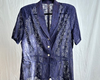 L 40s Navy Sheer Lace Peplum Blouse Blazer