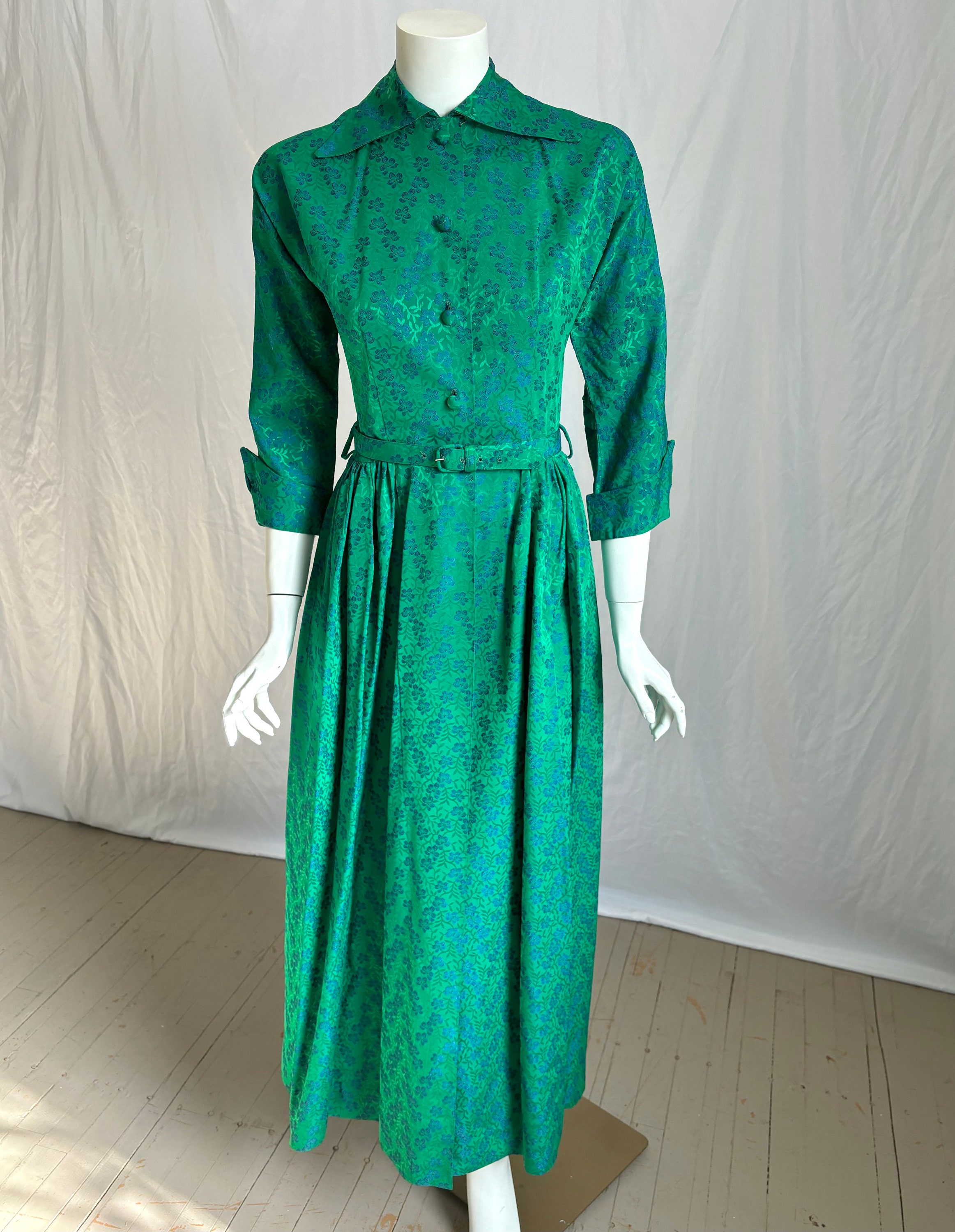 Xs 40s Green Brocade Maxi Dress |Vintage Hostess Dress with Pockets