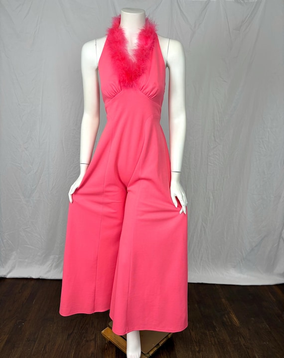 XS/S 70s Barbie Pink Wide Leg Jumpsuit Marabou Feather Neon