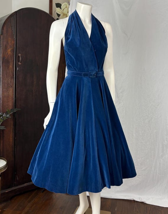 XS/S 50s Vintage Blue Velvet Dress | Halter Circle Skirt Pockets