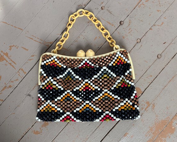 30s Vintage Wood Bead Celluloid Handbag
