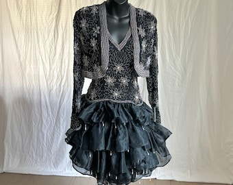XS Vintage 90s Beaded Silk Cocktail Dress and Jacket