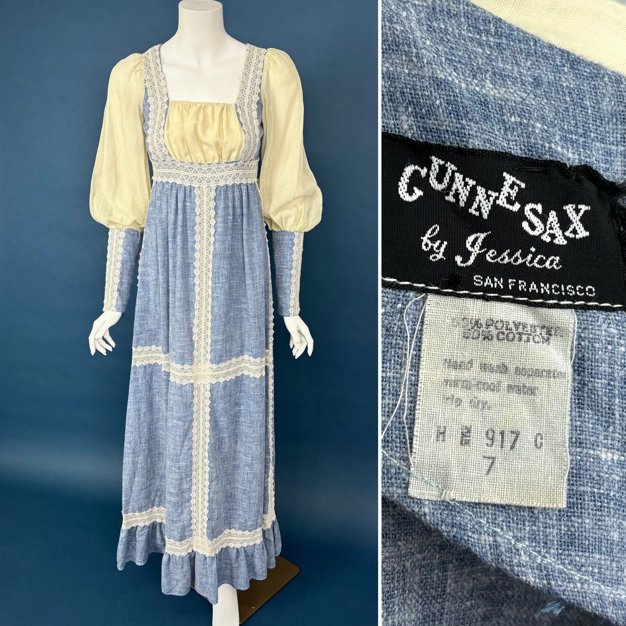 Sz 7 60s Black Label Gunne Sax Maxi Dress | Boho Lace Denim - Etsy