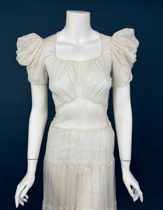 XS 30s Vintage Mesh Wedding Dress | White Antique… - image 3