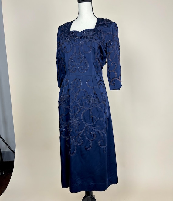 L 50s Beaded Satin Dress | Vintage Cocktail Forma… - image 3