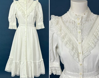 M 80s Vintage Gunne Sax White Lace Dress Crochet | Western Victorian Wedding Bride