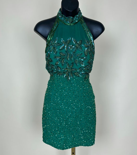 S 90s Vintage Beaded Sequined Mini Dress | Cockta… - image 1