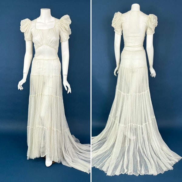 XS 30s Vintage Mesh Wedding Dress | White Antique Shredded